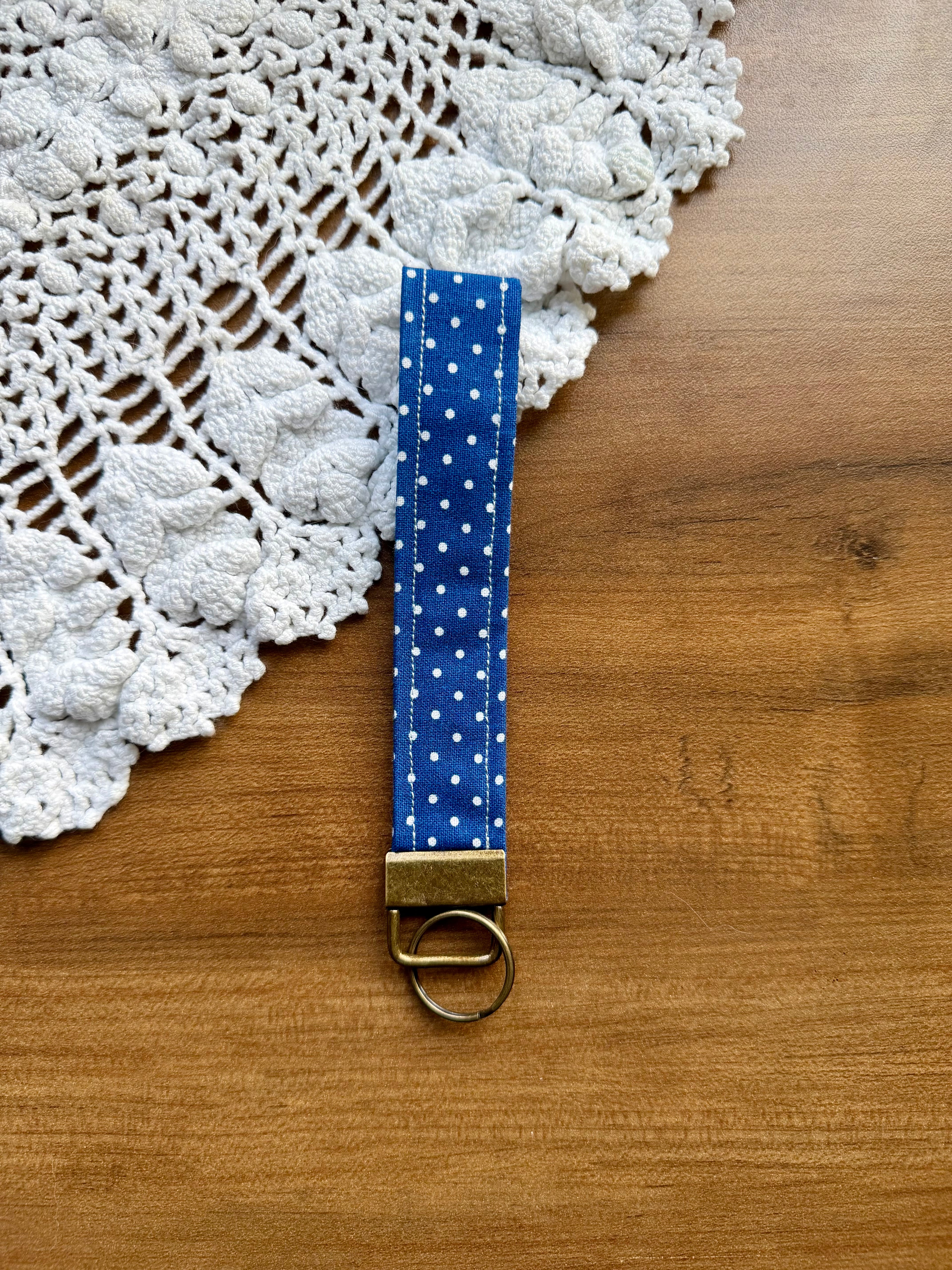 Navy Blue Polka Dots Wristlet w/ Bronze Keychain