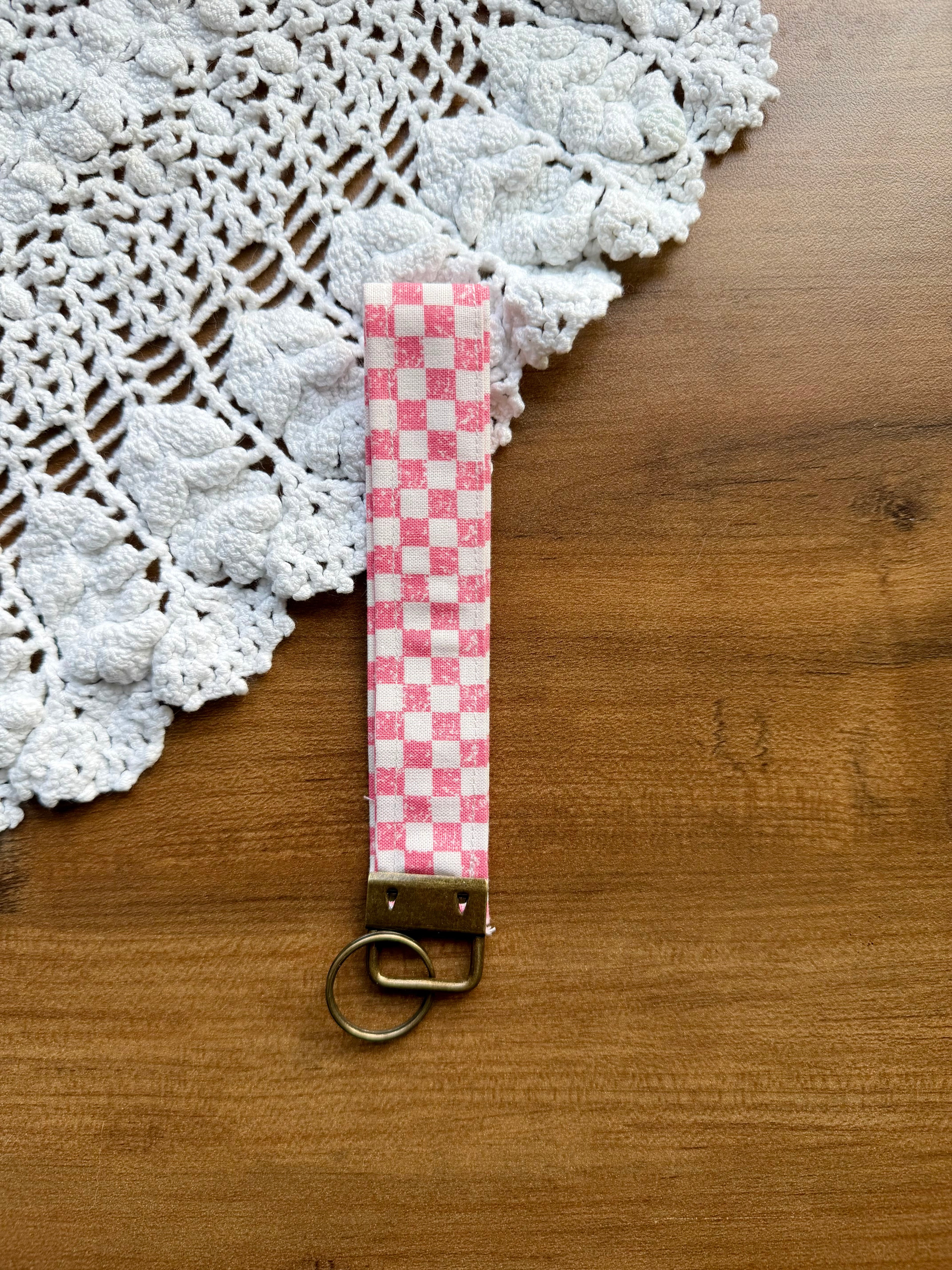 Pink Checkered Wristlet w/ Bronze Keychain