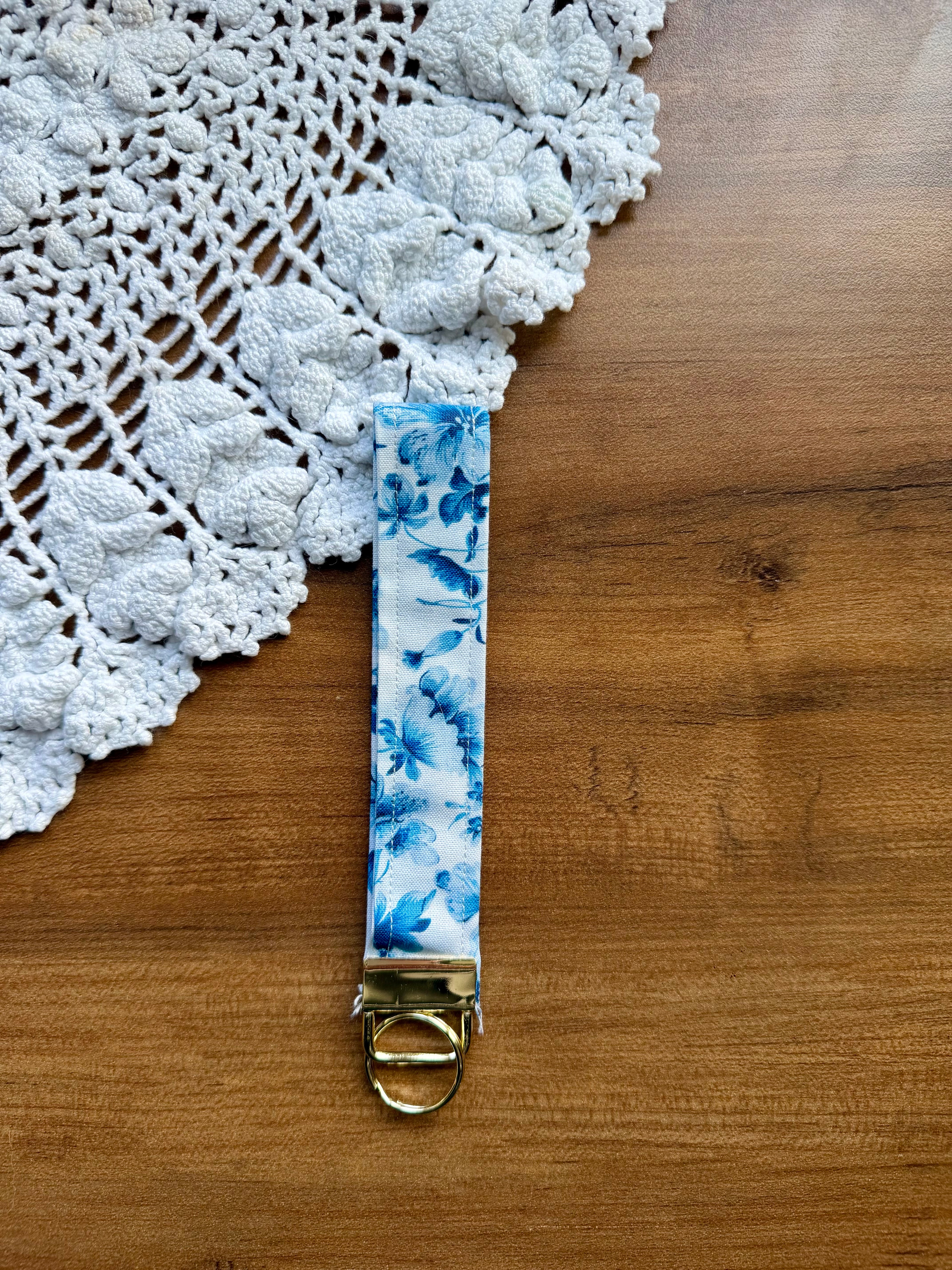 Blue Floral Wristlet w/ Gold Keychain