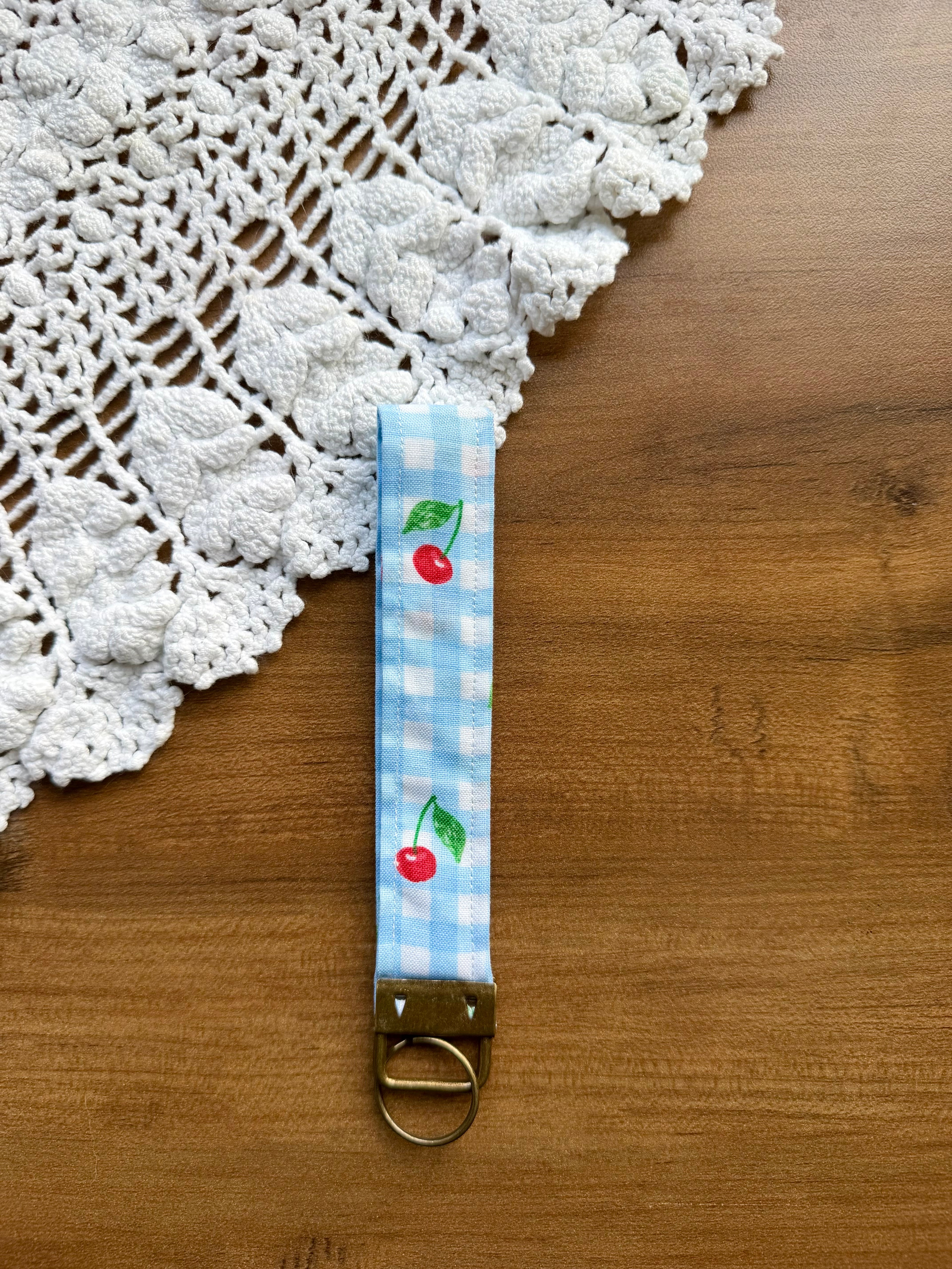 Blue Gingham Cherries w/ Bronze Keychain